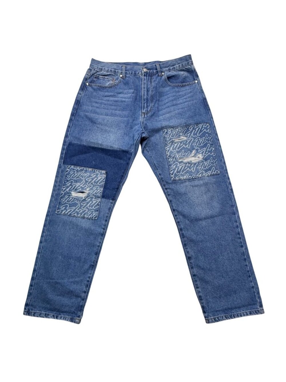 Y2K FUBU 05 Forever 21 Patch Jeans Blue Denim Distressed Logo Streetwear Mens 36